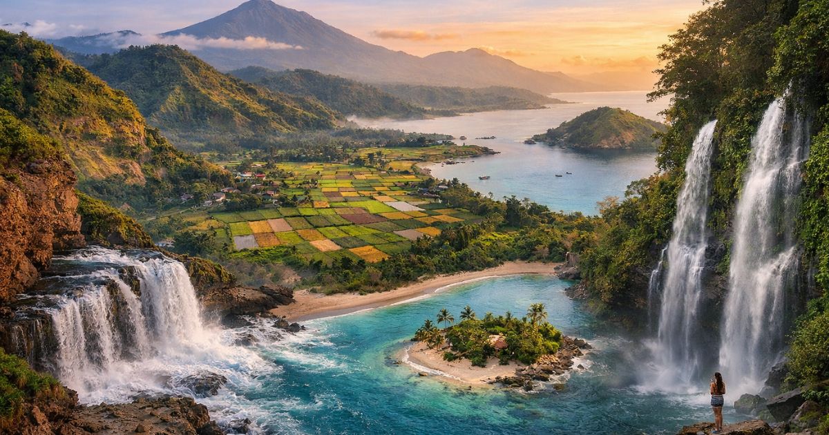 Panorama alam Lombok dengan pantai, sawah Bukit Selong, Gunung Rinjani, Gili Kedis, dan air terjun tersembunyi
