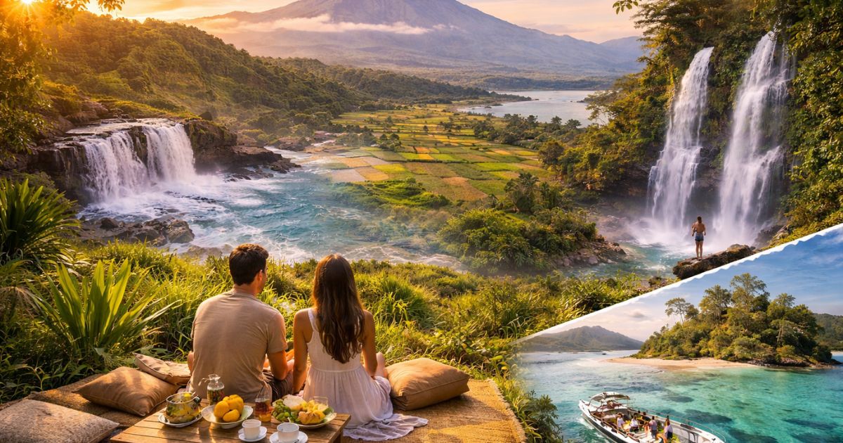 Pasangan menikmati healing trip Lombok dengan latar Gunung Rinjani, air terjun, pantai tersembunyi, dan sawah hijau