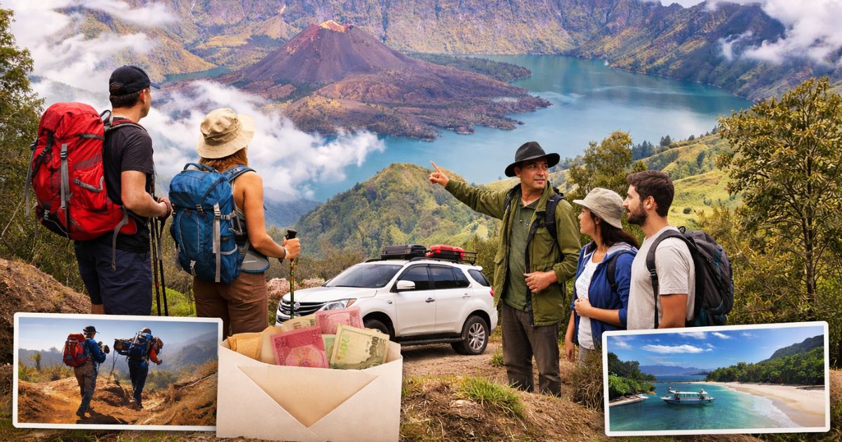Pendaki menikmati panorama Danau Segara Anak dan Gunung Rinjani saat musim pendakian Rinjani 2026